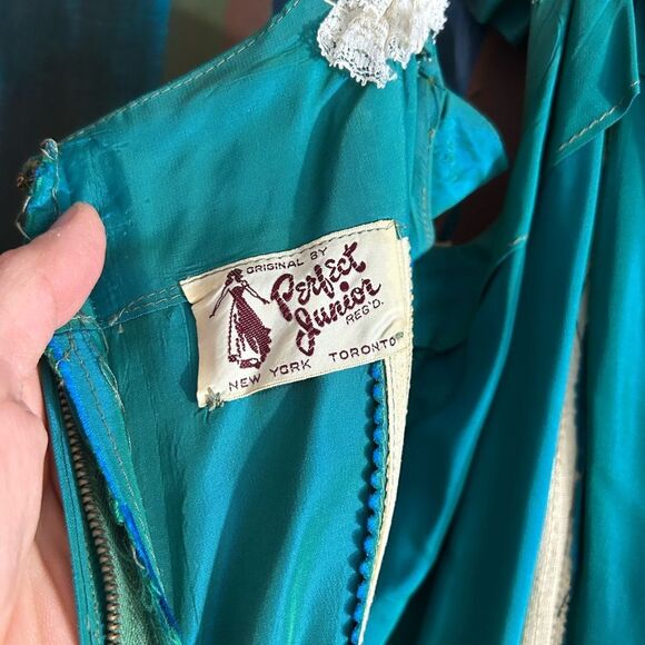 Vintage 50s 60s Stunning Teal iridescent Prom Dress Ball Gown Cocktail XS - Picture 10 of 16